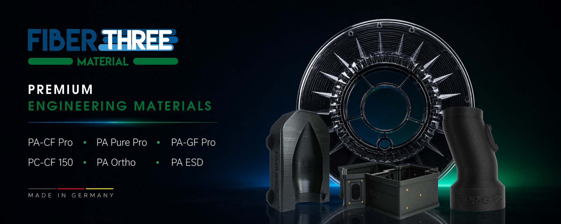 Fiberthree Material premium engineering filaments including PA-CF Pro, PA Pure Pro, PA-GF Pro, PC-CF 150, PA Ortho and PA ESD, made in Germany