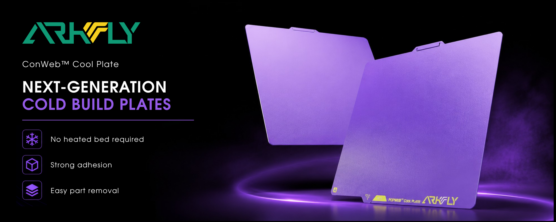 Arkfly ConWeb™ Cool Plate — next-generation cool build plates for 3D printing without heating the bed, with reliable adhesion and easy part removal