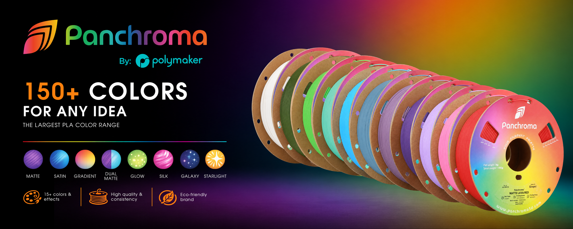 Panchroma by Polymaker — over 150 PLA filament colors for any idea, including Matte, Satin, Gradient, Glow, Silk, Galaxy and Starlight
